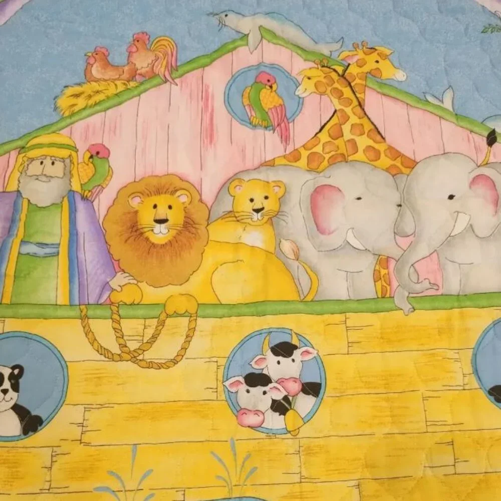 Vintage Handmade Quilted Baby Blanket Noah's Ark with Animals and Rainbow 34x42